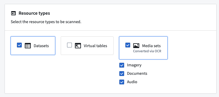 The resource type selector, including datasets, virtual tables, and media sets.