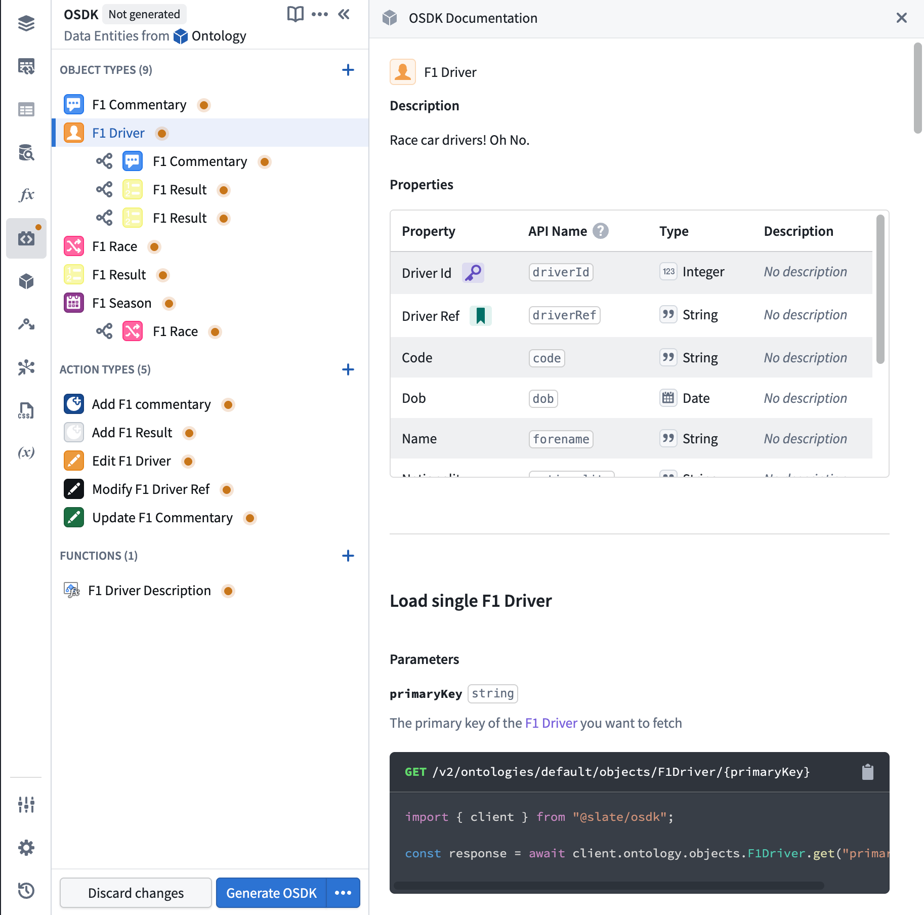 The OSDK configuration panel showing added entities and the documentation sidebar with code snippets.