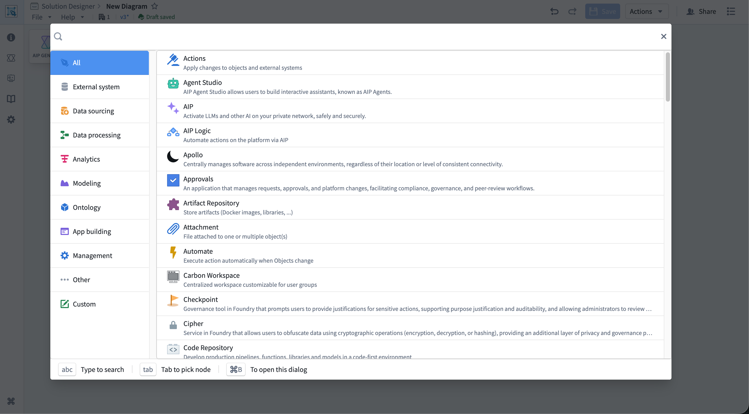 Component picker dialog showing search, categories, and component list.