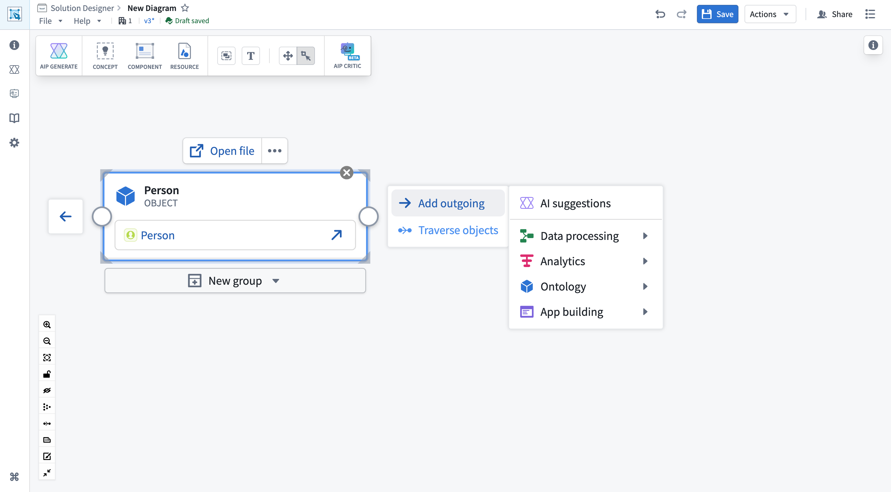 Side menu showing node and object traversal options.