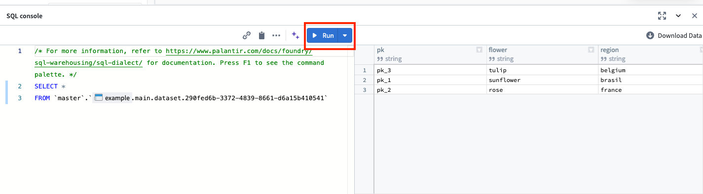 The SQL console data mode interface.
