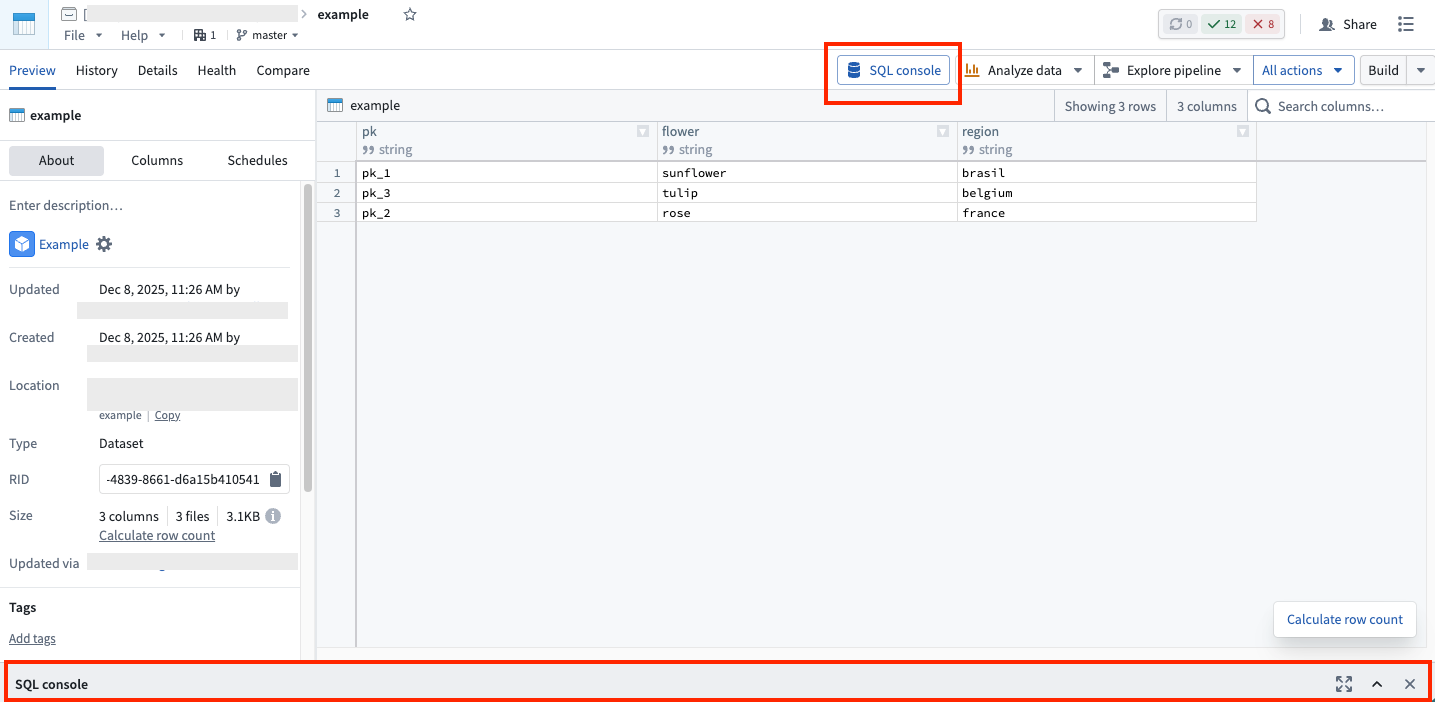 An example highlighting interface options for opening SQL console in Dataset Preview.