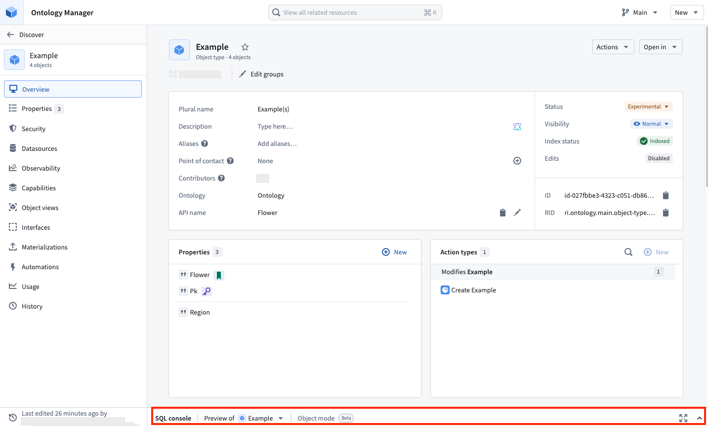 An example highlighting how to open SQL console in Ontology Manager.