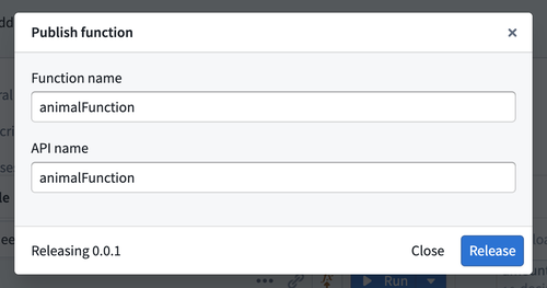 Publish function name and API name dialog.