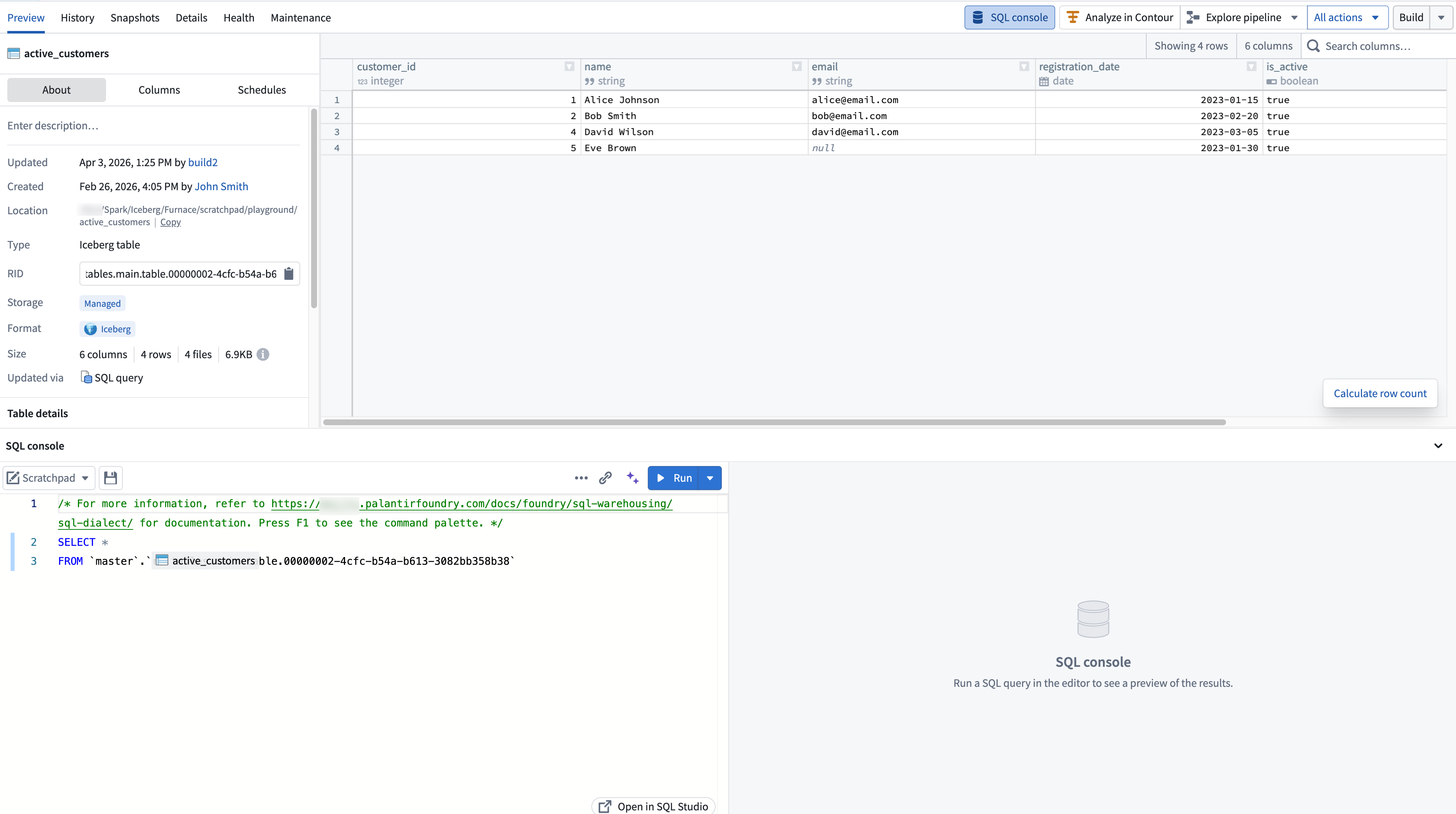SQL console docked in the bottom panel of Dataset Preview, with a starter query prepopulated for the open dataset.