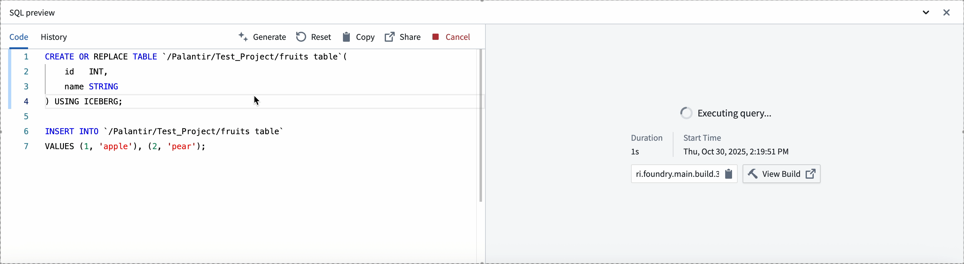 The SQL preview interface with a CREATE TABLE statement being executed in Foundry's SQL warehouse.