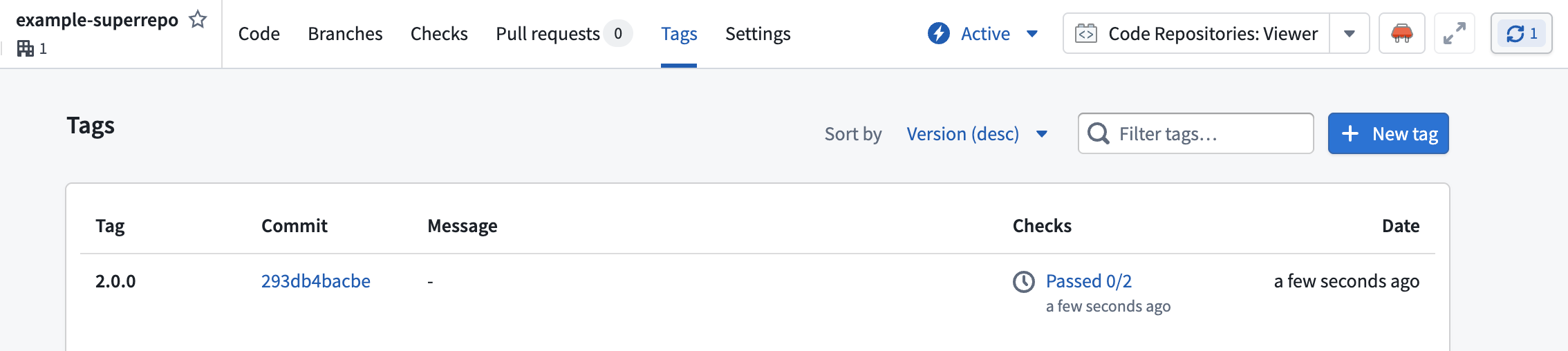 The Tags tab showing a deployment entry in the Checks column.