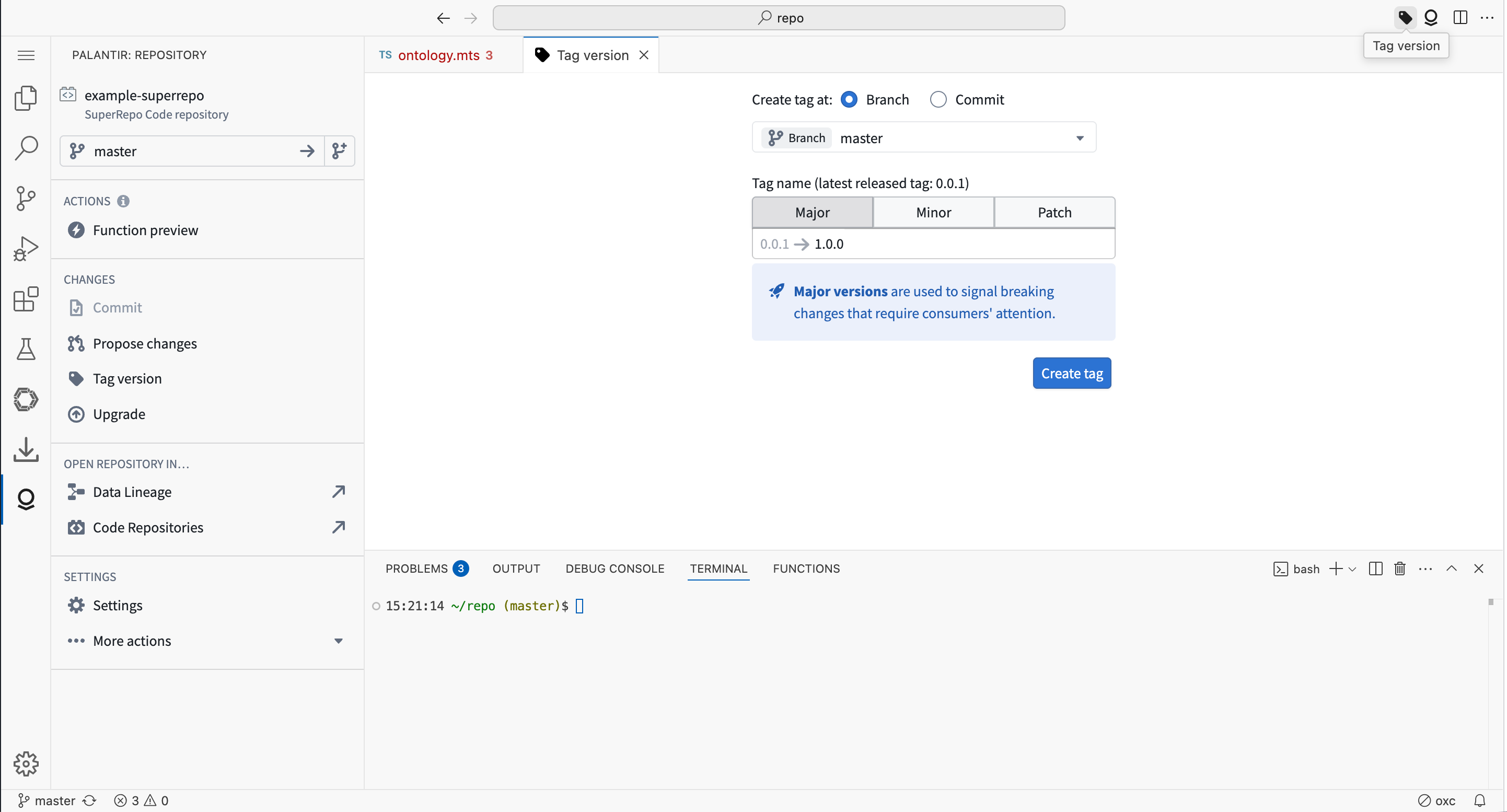 The Tag version dialog with fields to enter a tag name and create a tag.
