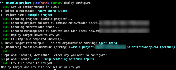 The interactive foundry deploy configure flow prompting for deployment inputs in the terminal.