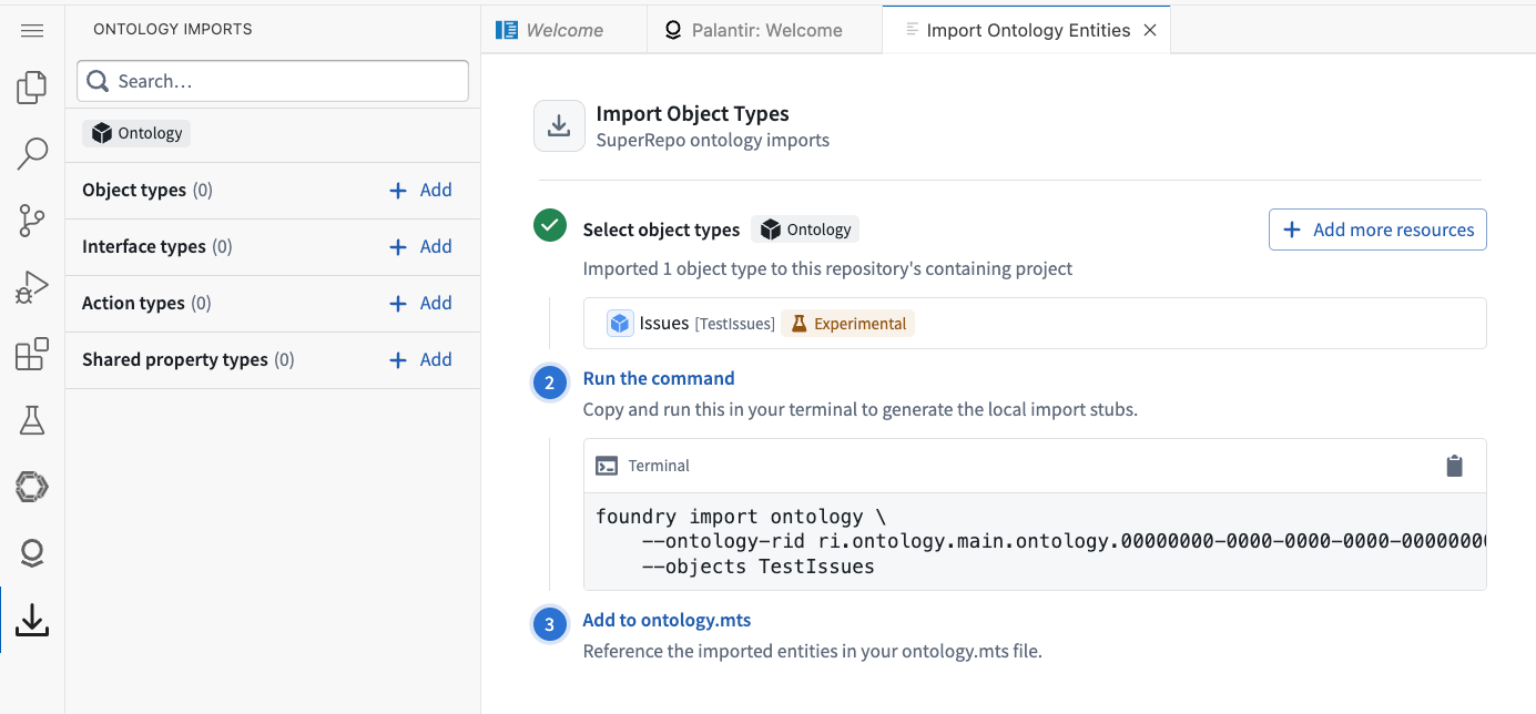 The import confirmation showing the generated foundry import ontology command to run.