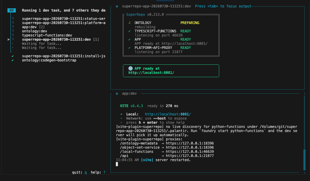 The ontology section of the foundry start output showing rebuild progress in the terminal.
