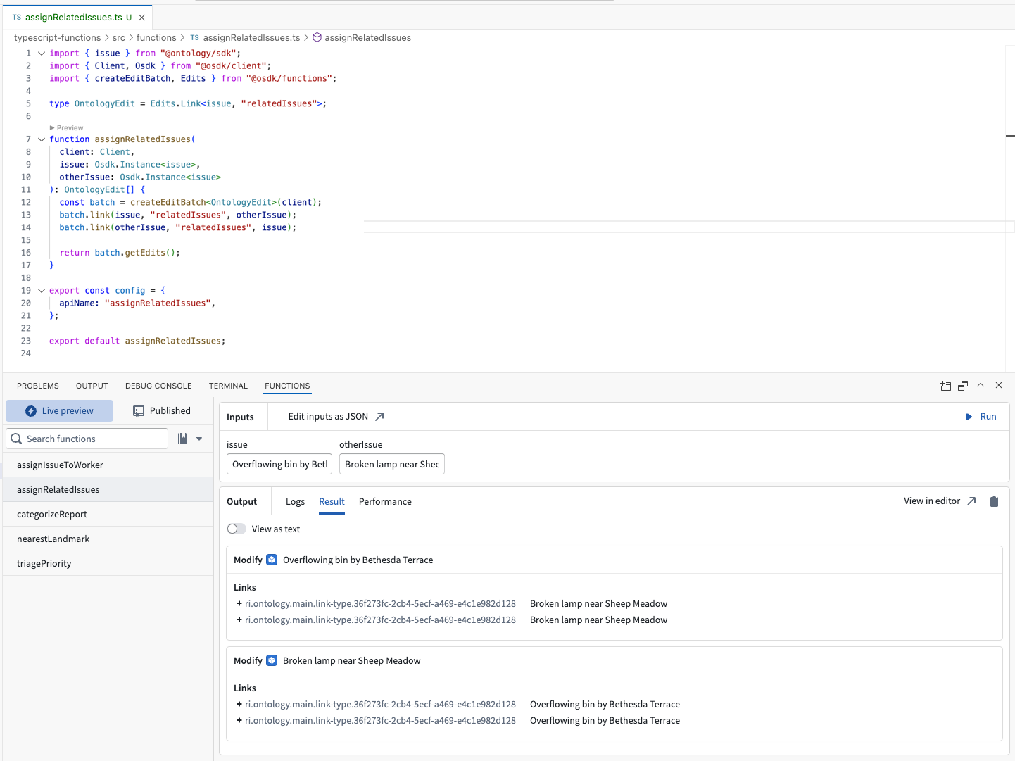 The function preview in the Palantir extension for Visual Studio Code.