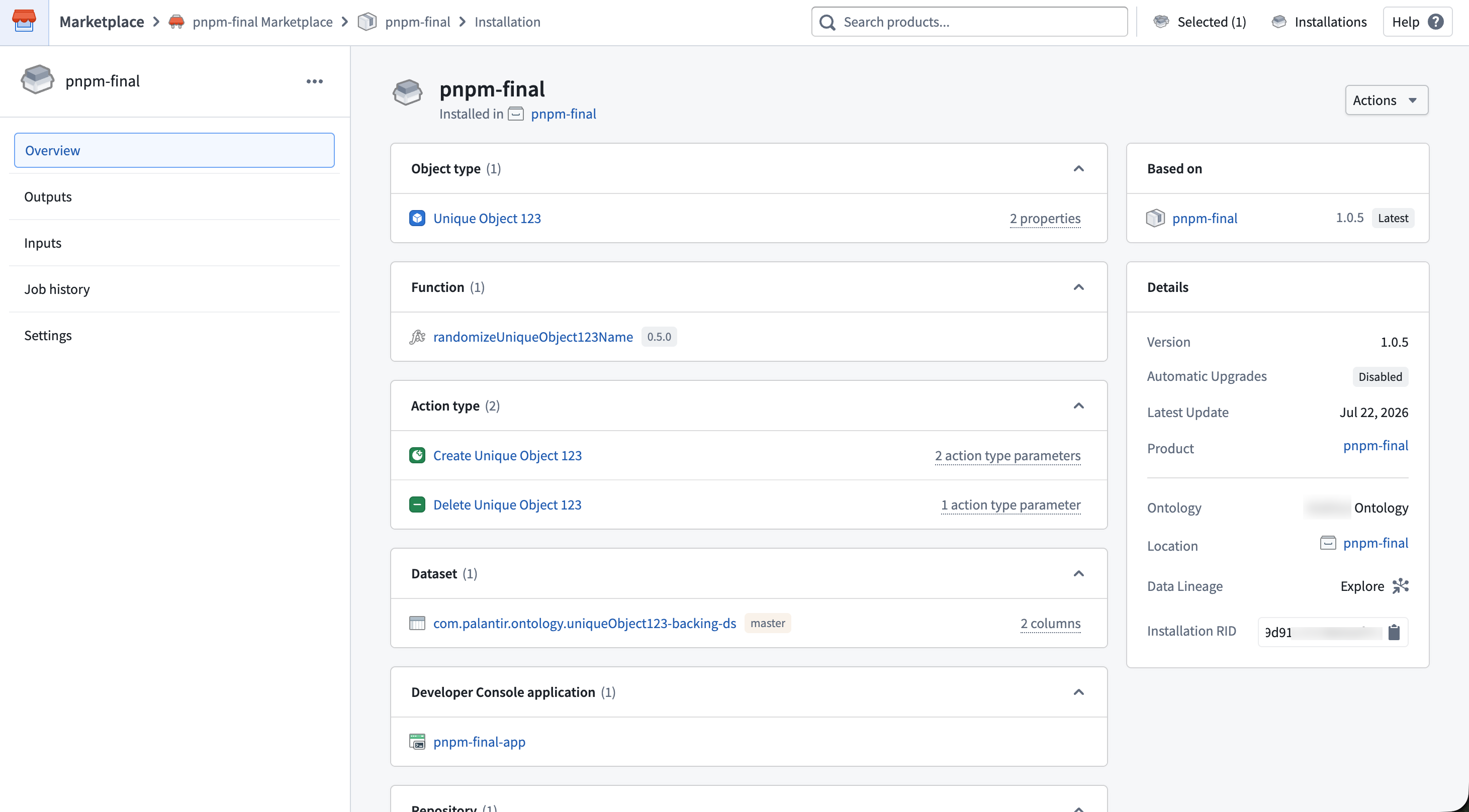 The Marketplace installation page showing the deployed SuperRepo installation.