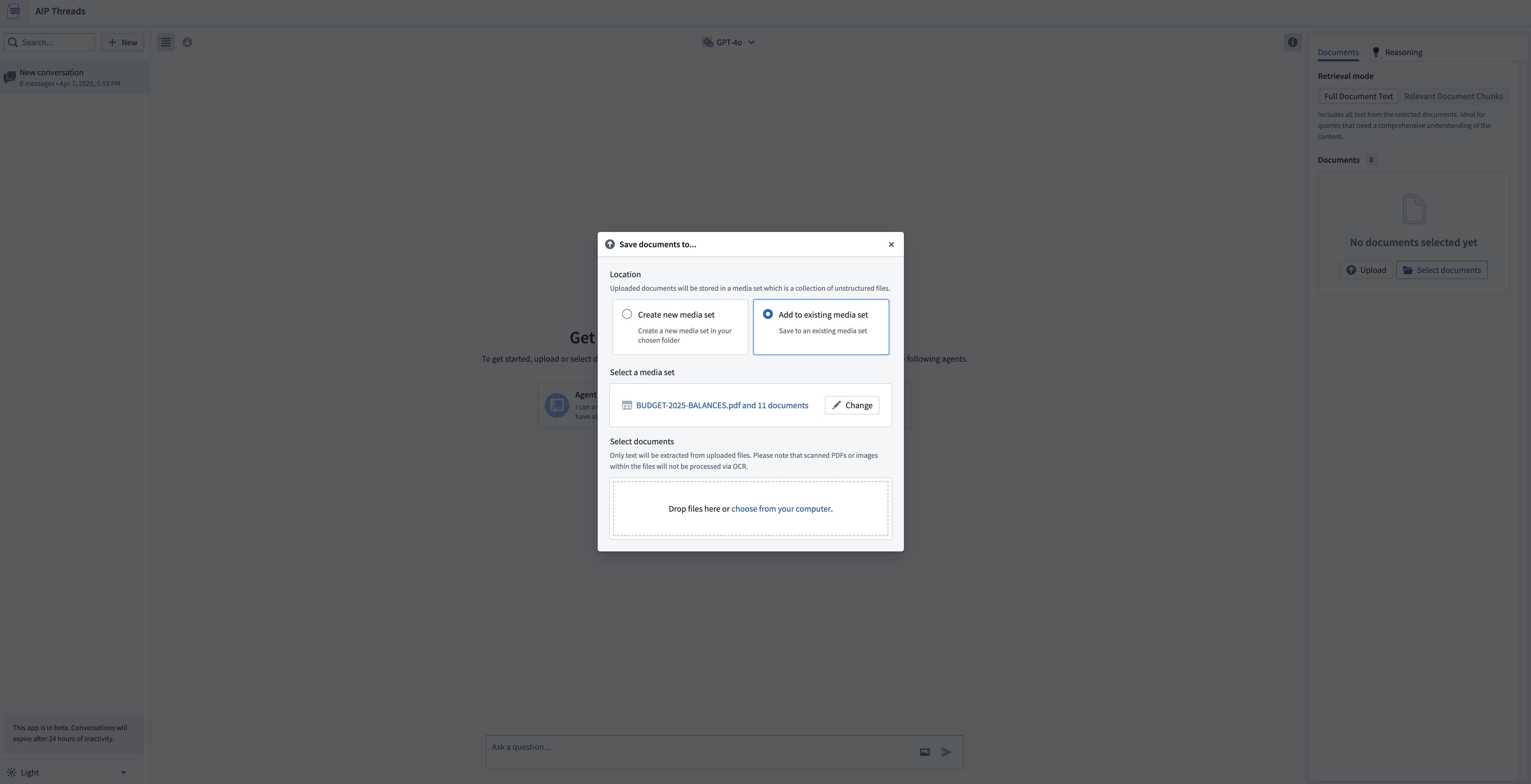 Showing upload document dialog with ability to select location, media set name, ontology, and PDFs.