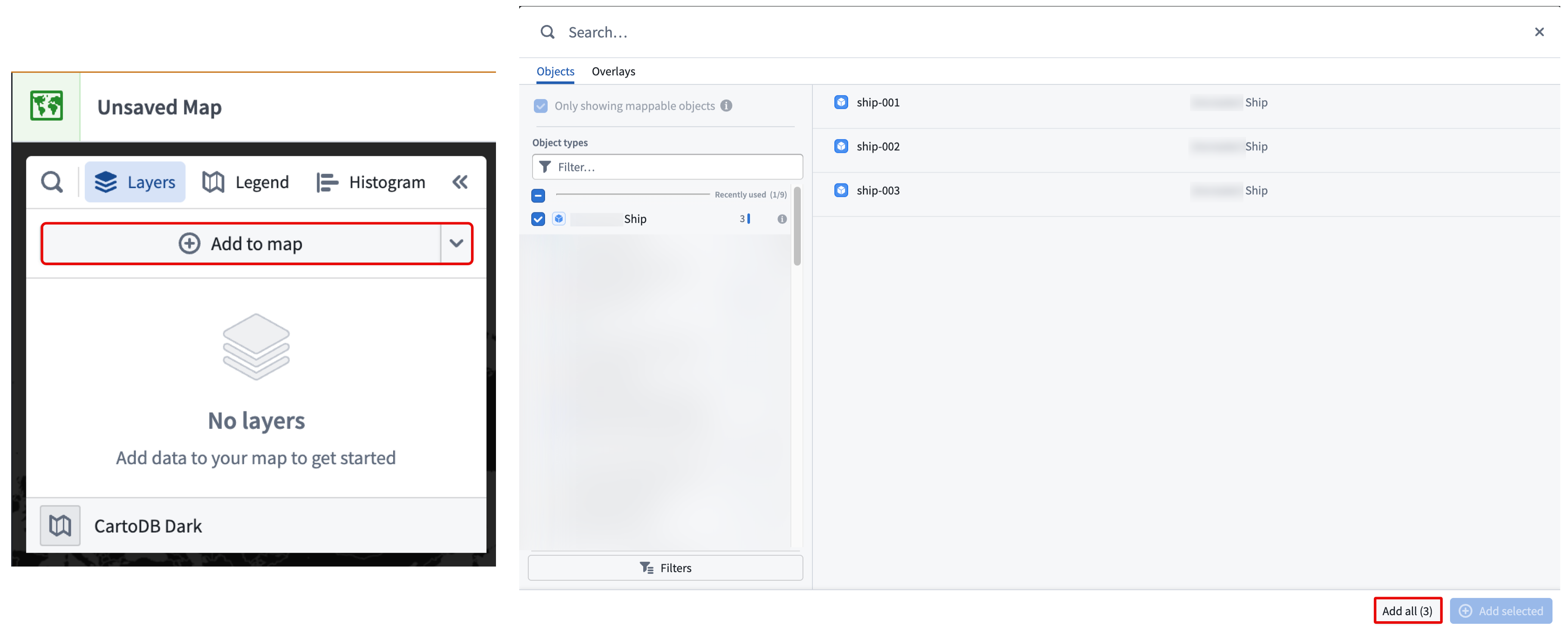 The object search window displays all objects of the Ship object type to add to a Foundry map.
