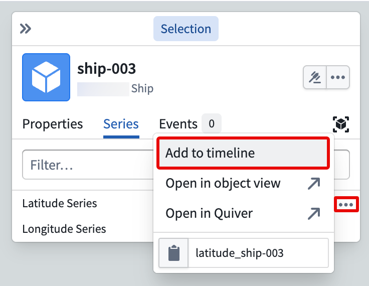 The Selection panel on a map displays the ability to add time series properties to the map's timeline.