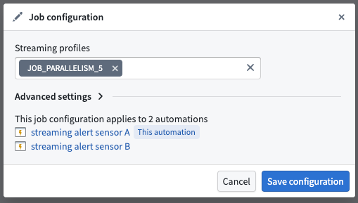 The Job Configuration dialog for streaming alerting jobs.