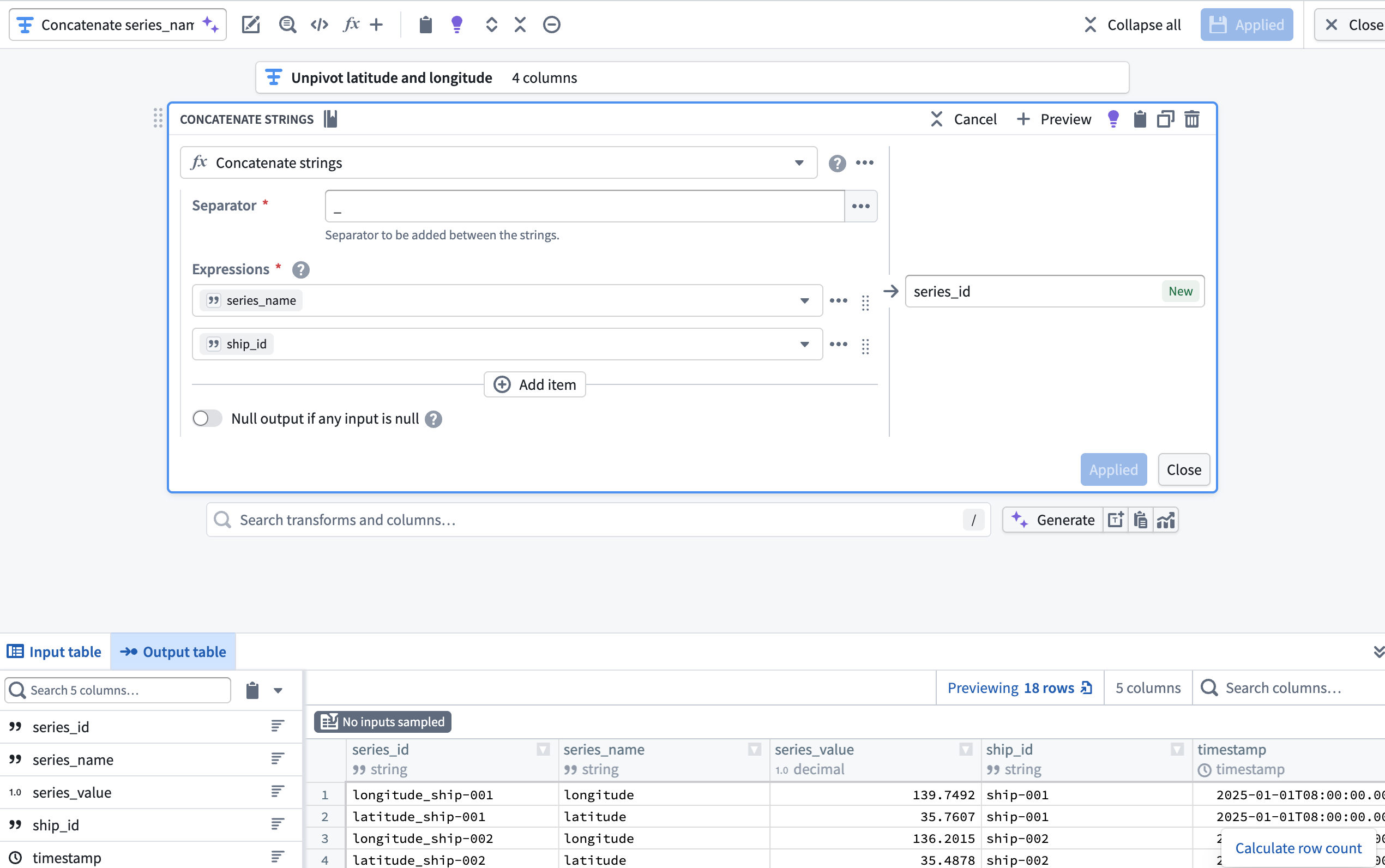 The Concatenate strings transform is displayed in Pipeline Builder.