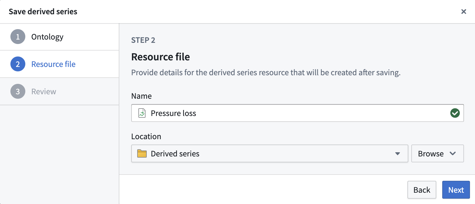 保存された派生 series の "Resource file" タブ。