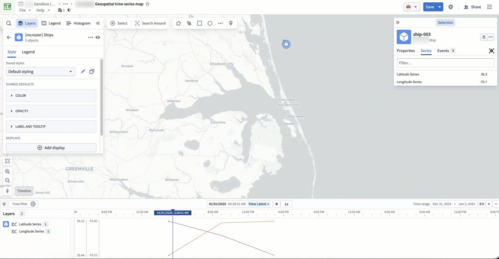 An object moves across a map canvas when dragged in the timeline.