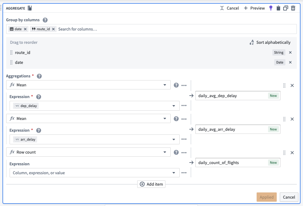 The aggregate transform board in Pipeline Builder.