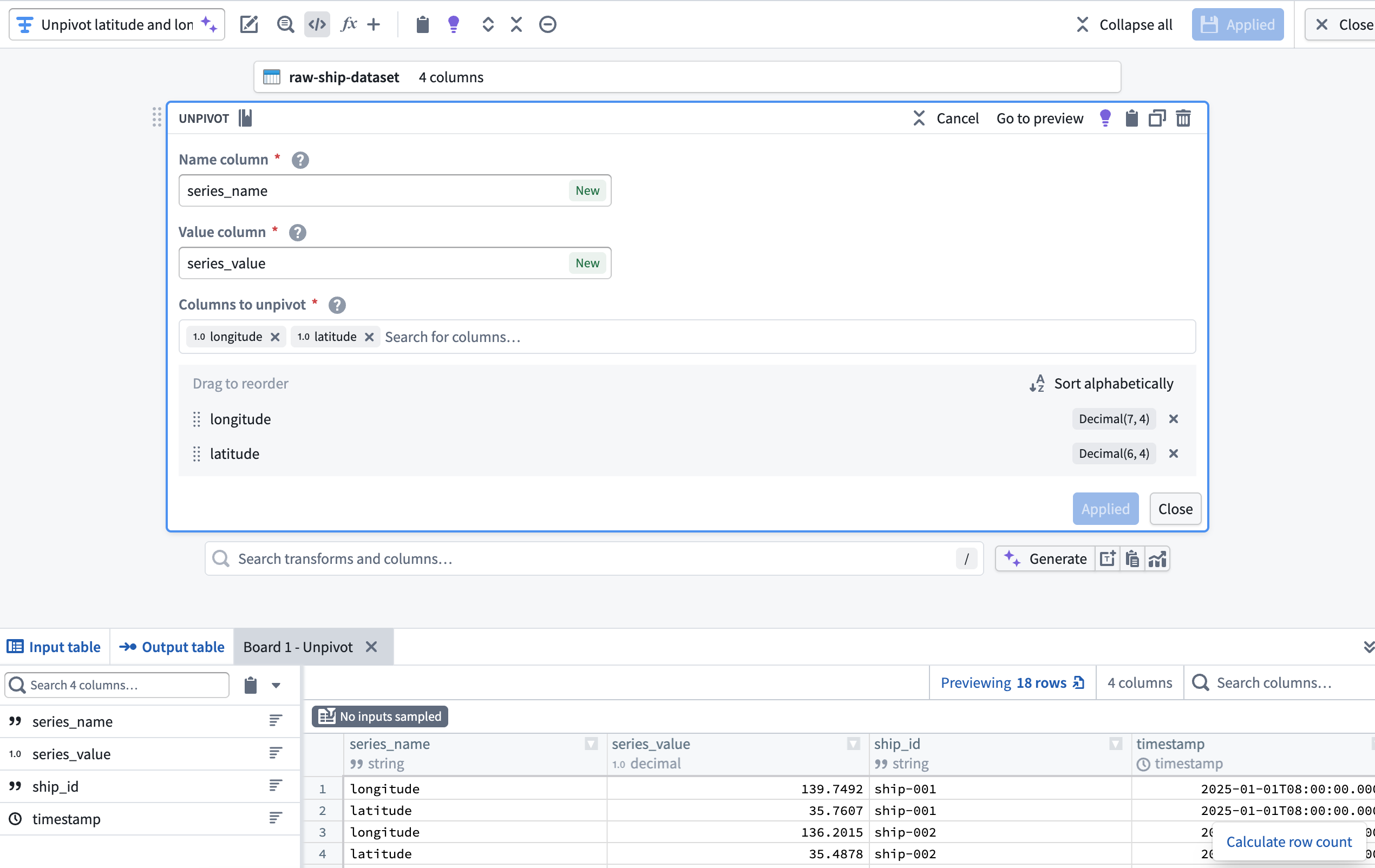 The Unpivot transform is displayed in Pipeline Builder.