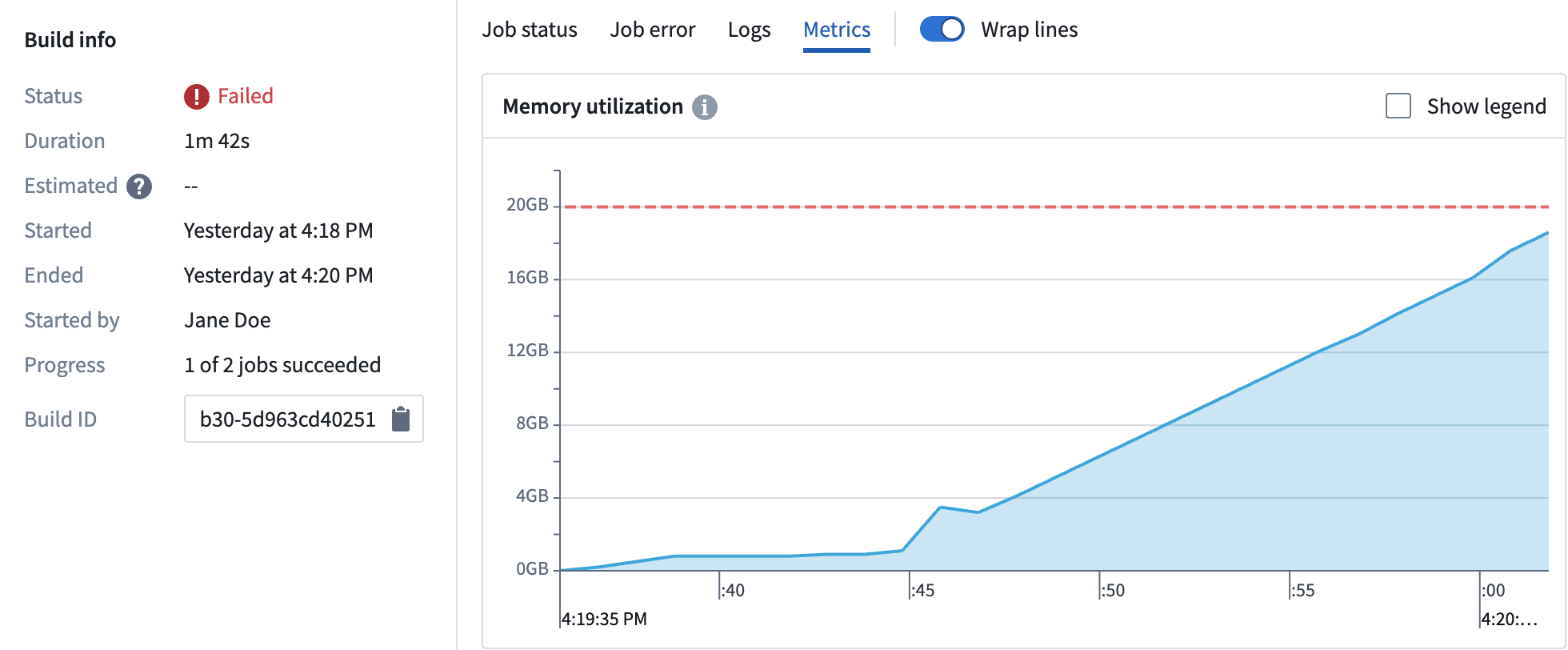 Build metrics showing out-of-memory error.