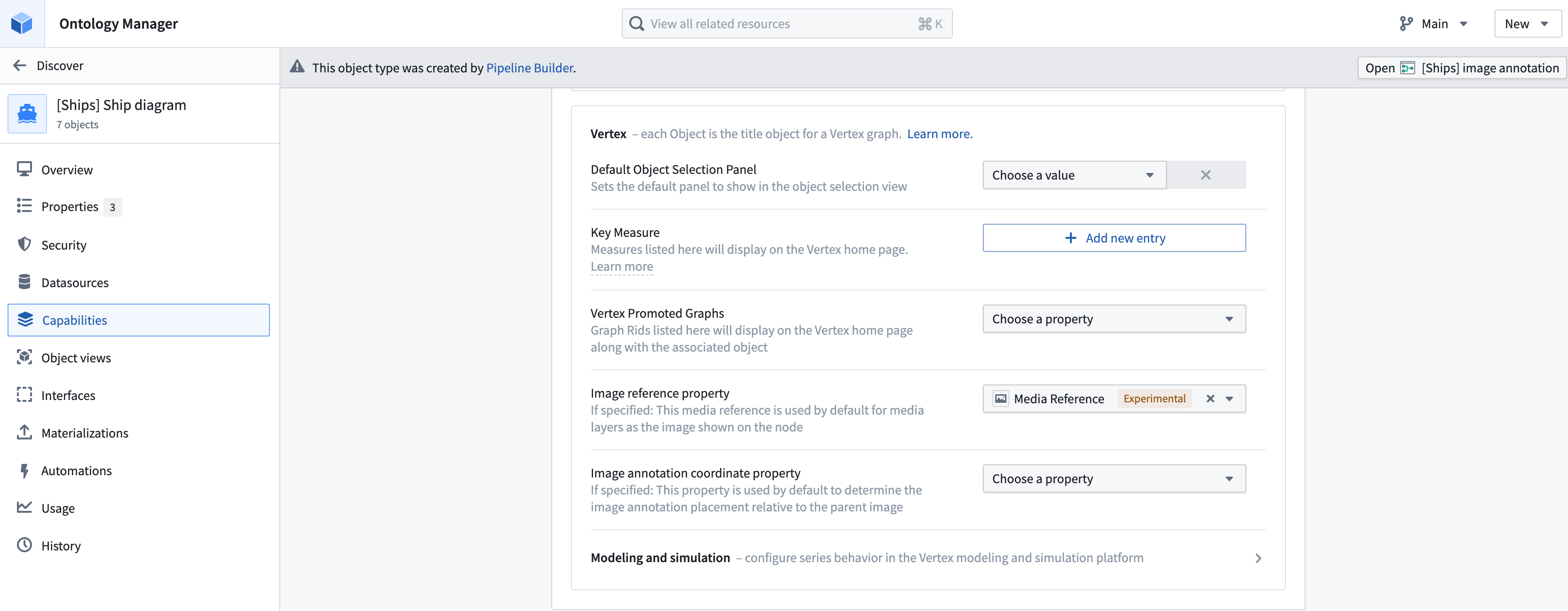 The media reference configuration for the Ship object type in Ontology Manager.