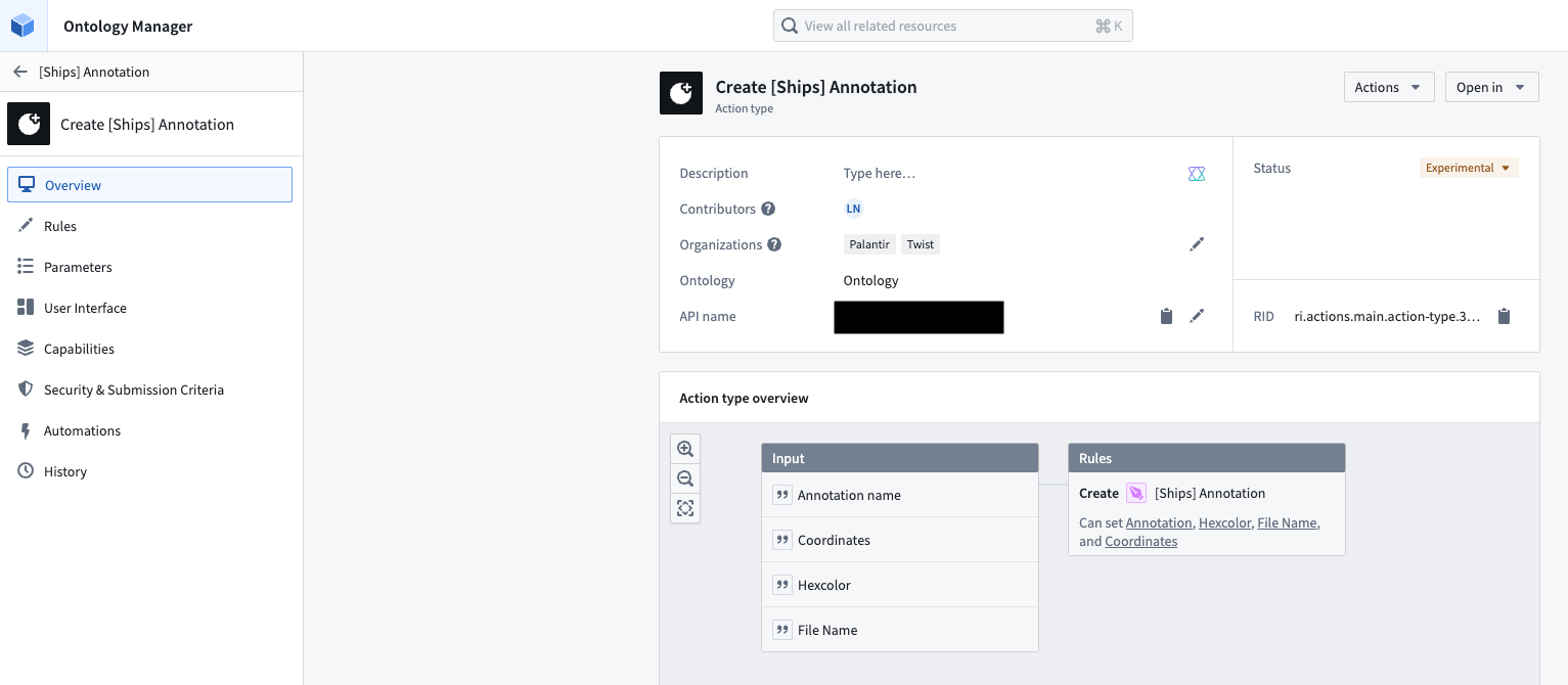The create annotation action type configuration in Ontology Manager.