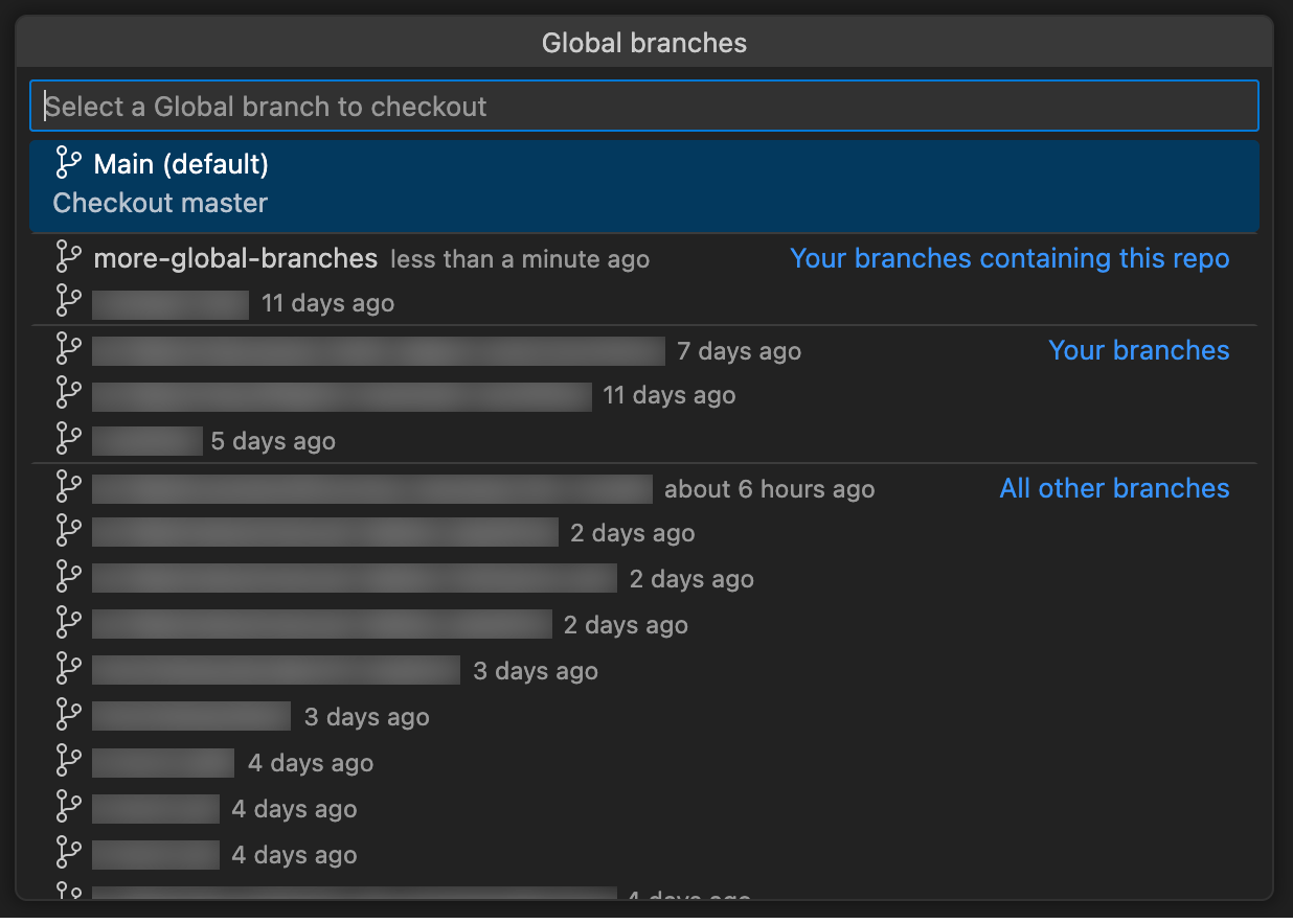 The global branch checkout picker in VS Code, showing branches grouped into sections.