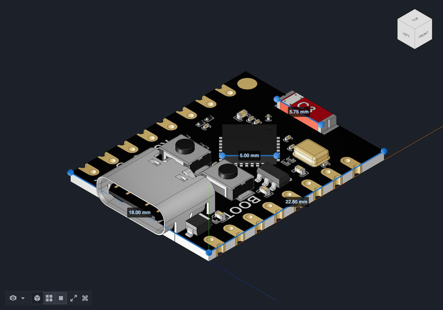 A measurement is displayed between two points on a 3D model in Vulcan.
