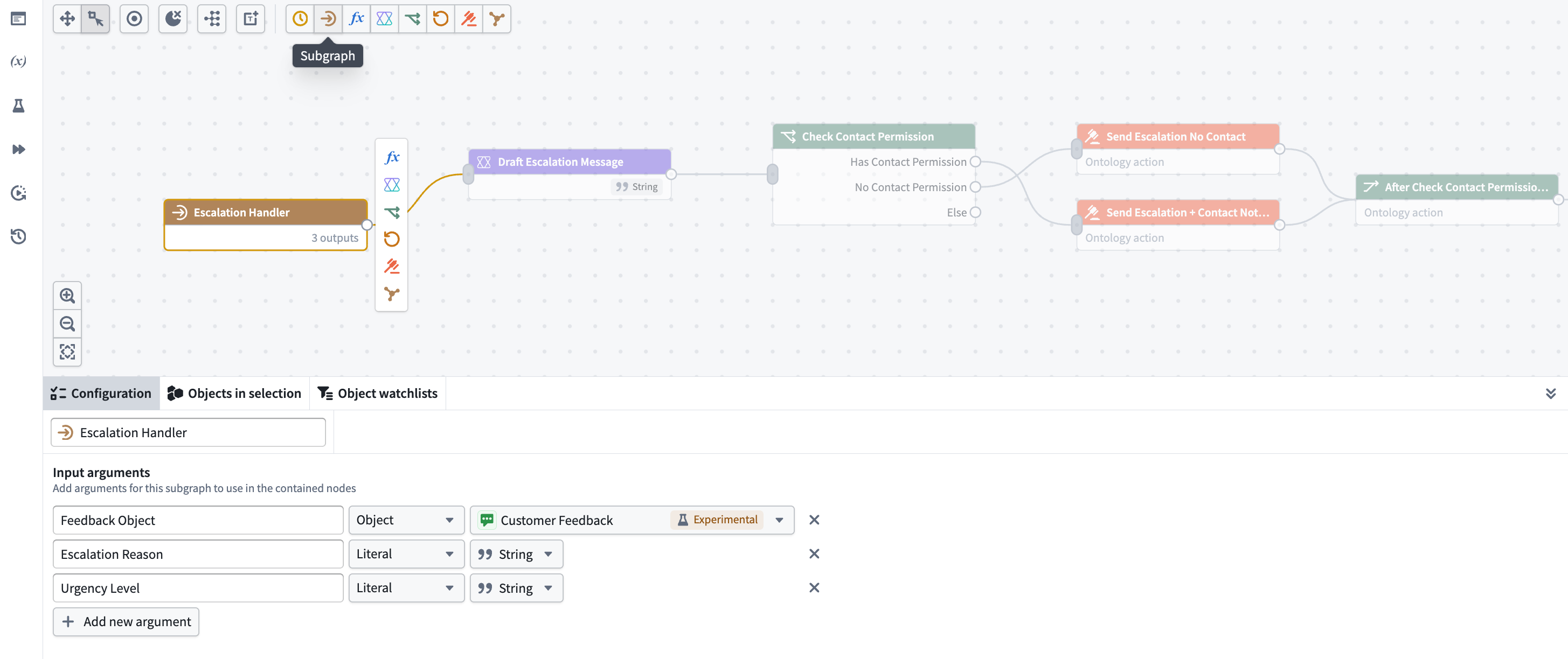 Configuring a subgraph node in Workflow Builder.