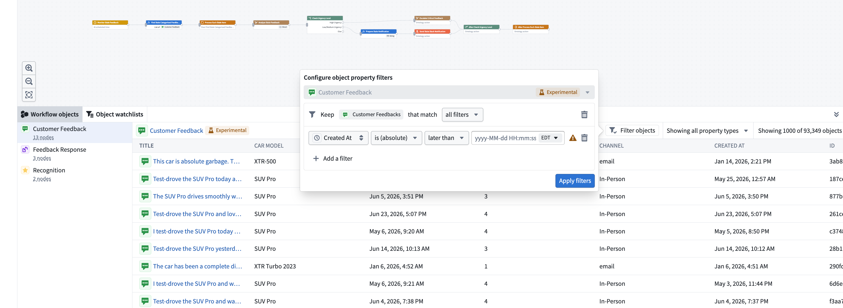 Filtering objects in the Workflow Objects tab.