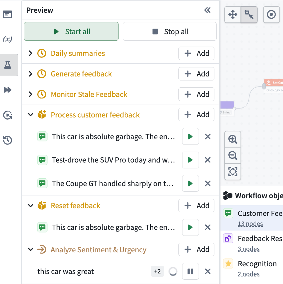 Running multiple previews in Workflow Builder.