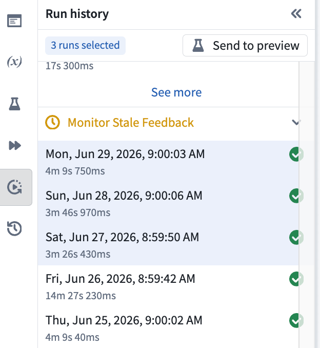 The Send to preview button in the Run history tab.