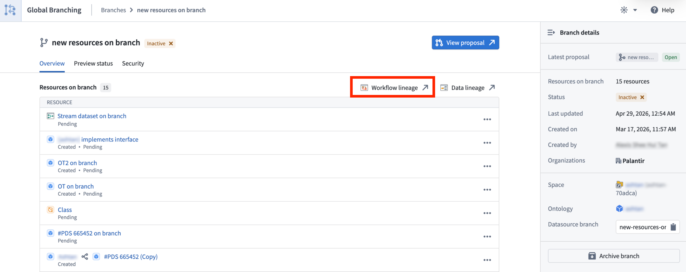 Button to open resources in Workflow Lineage from the global branch main branch page.
