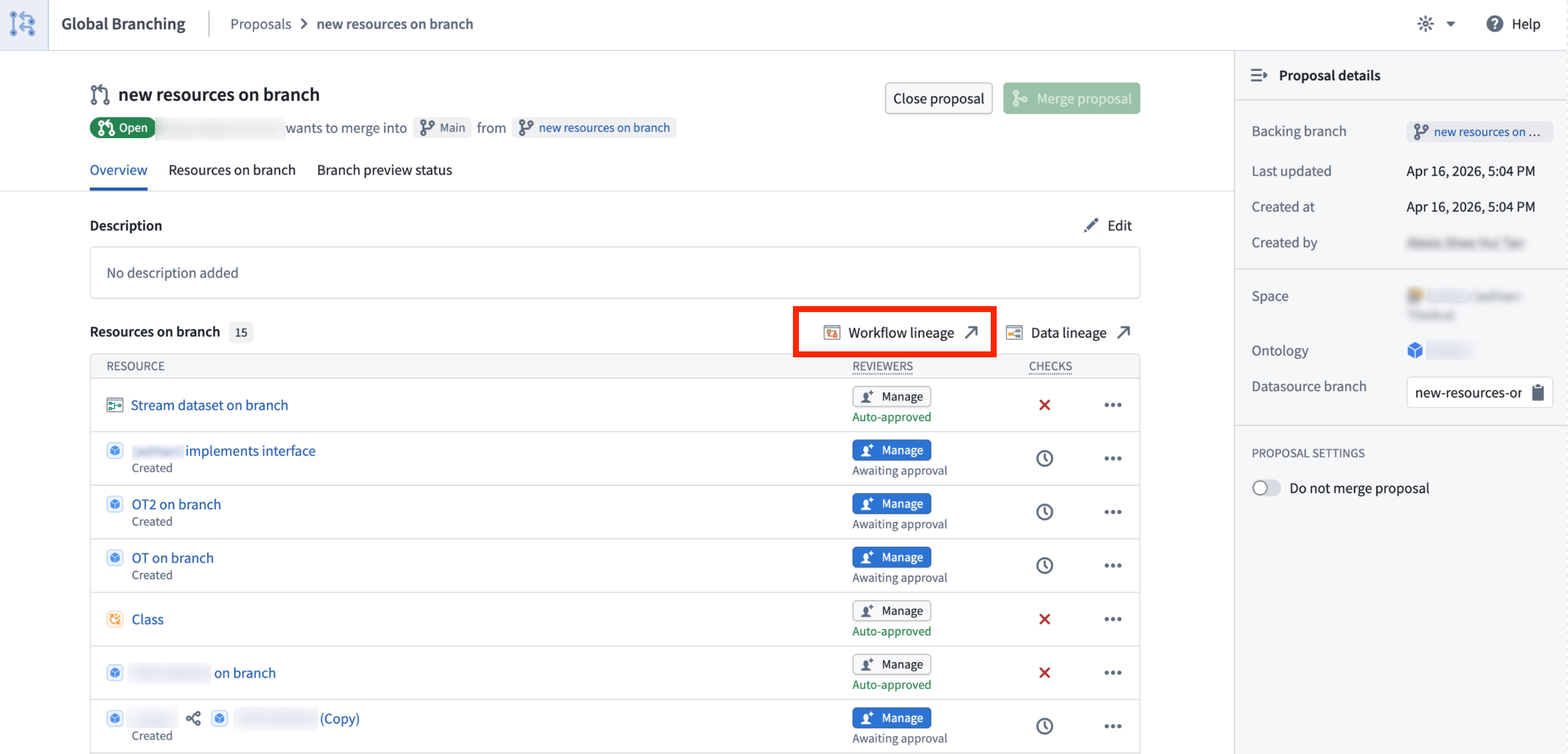 Button to open resources in Workflow Lineage from the global branch proposal page.