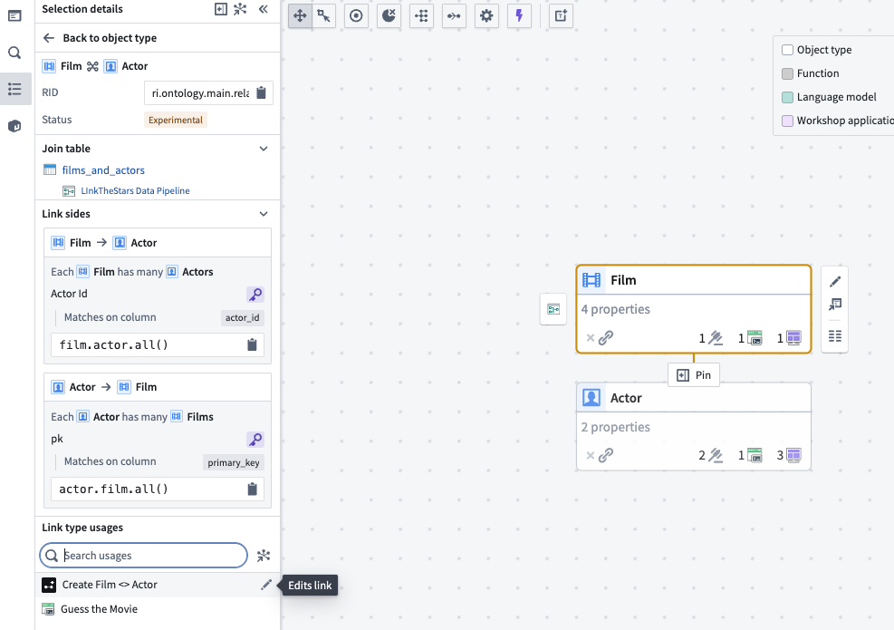 Example of an object link being edited.