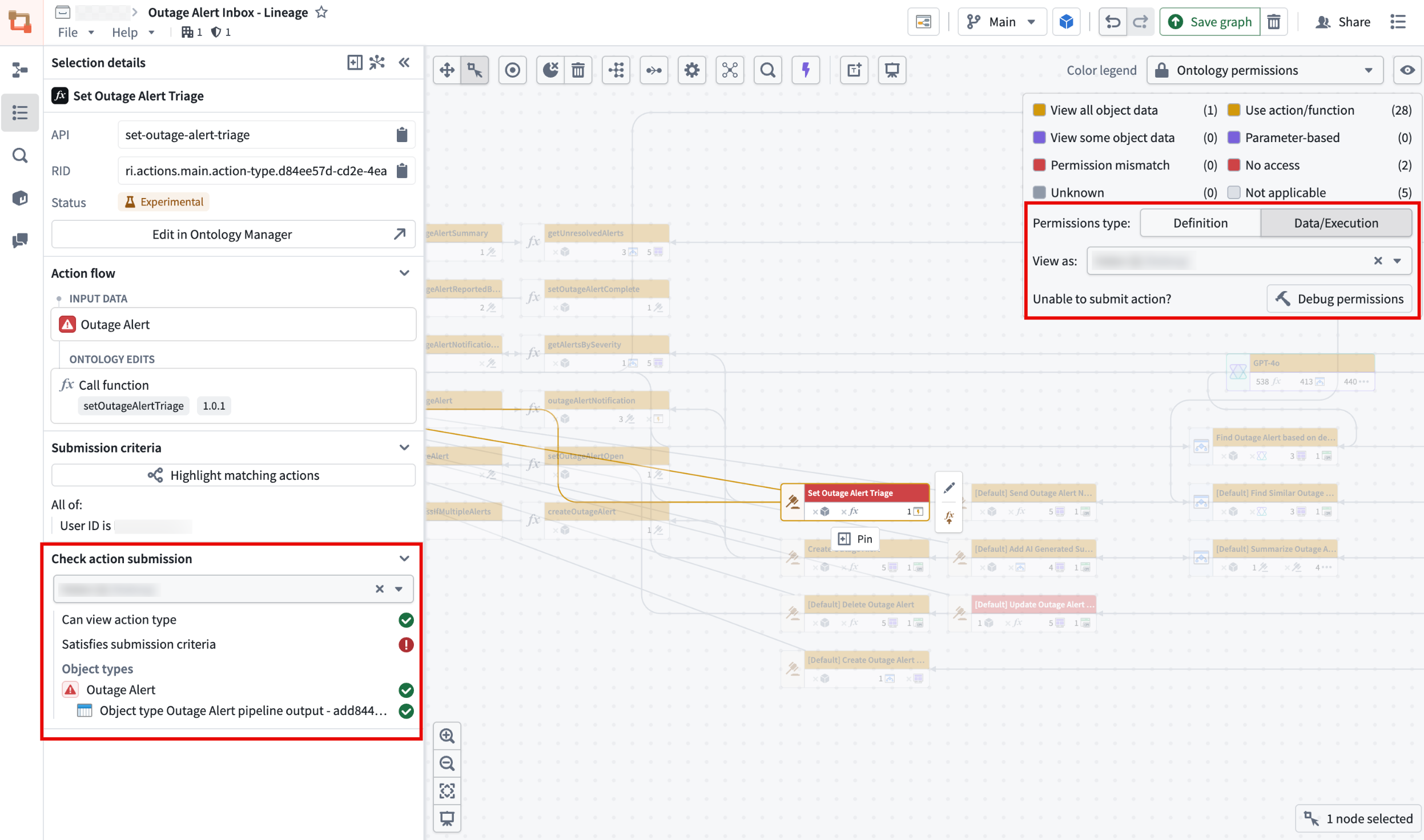 Debug permissions panel showing check action submission results.