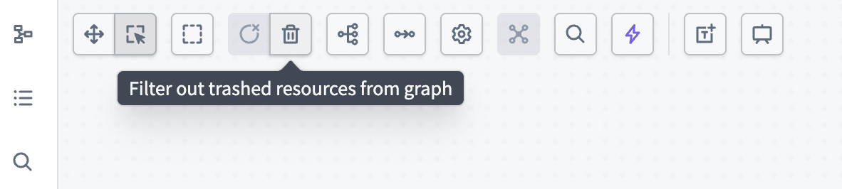 ゴミ箱に移動したリソースを除外するための Workflow Lineage のゴミ箱ボタン