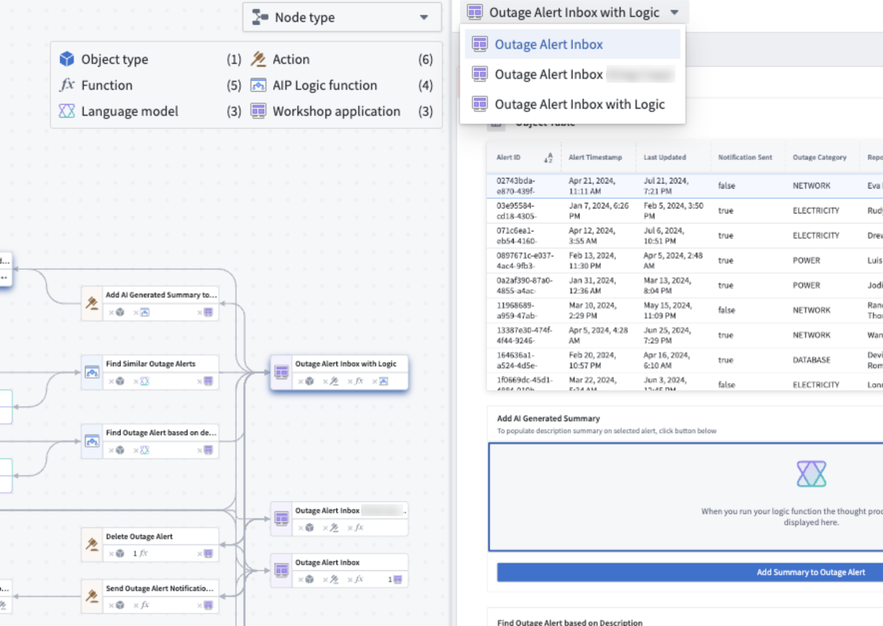 Example Workflow Lineage workshop panel with multiple workshops in the dropdown menu.