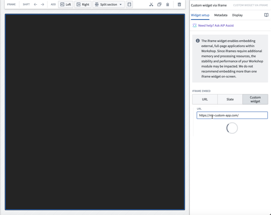 The loading state for the bidirectional widget widget's config panel after entering a URL for a custom app.