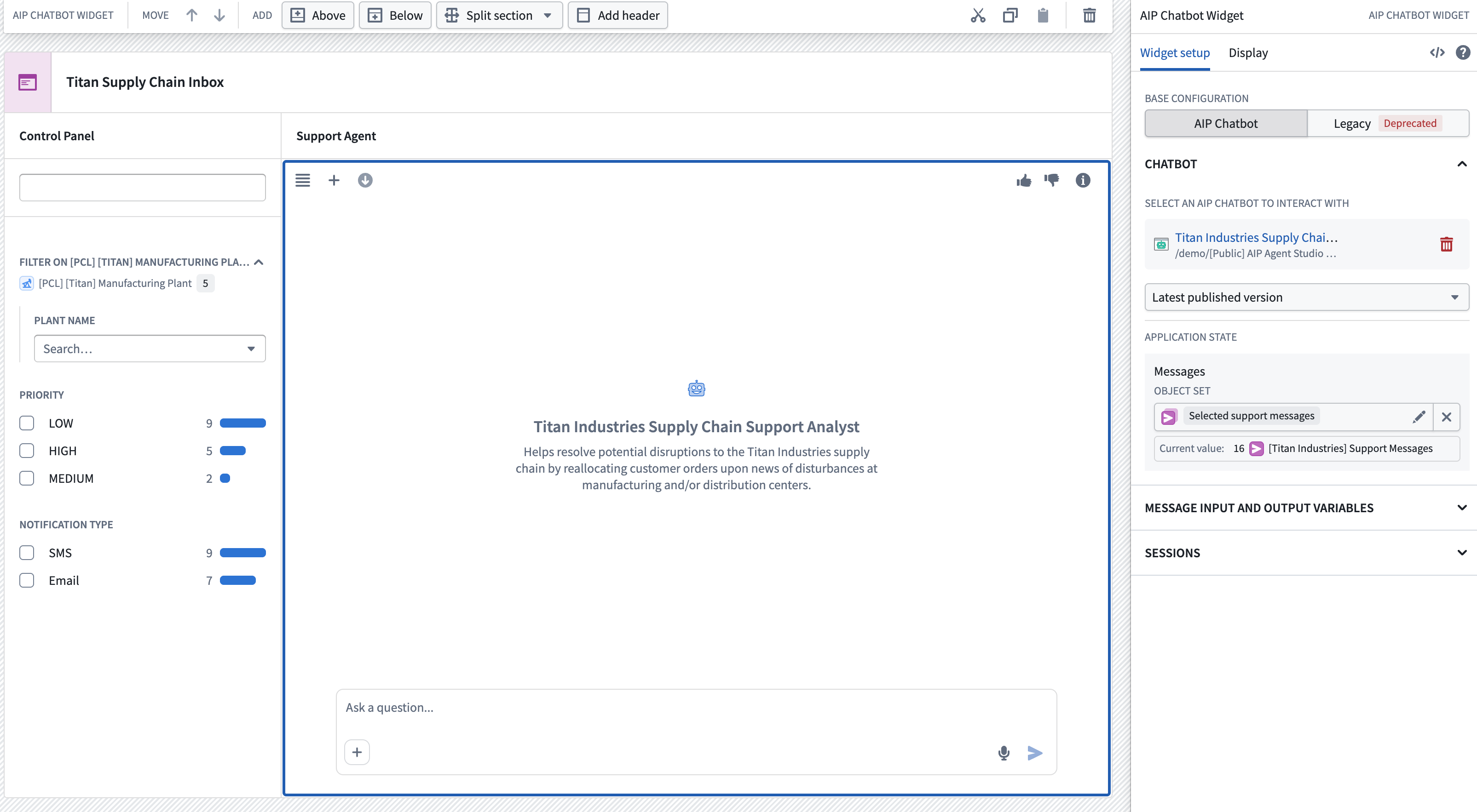AIP Chatbot Widget configured to use a parameterized AIP Chatbot.