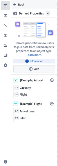 Derived properties configuration panel in Workshop, info button highlighted.