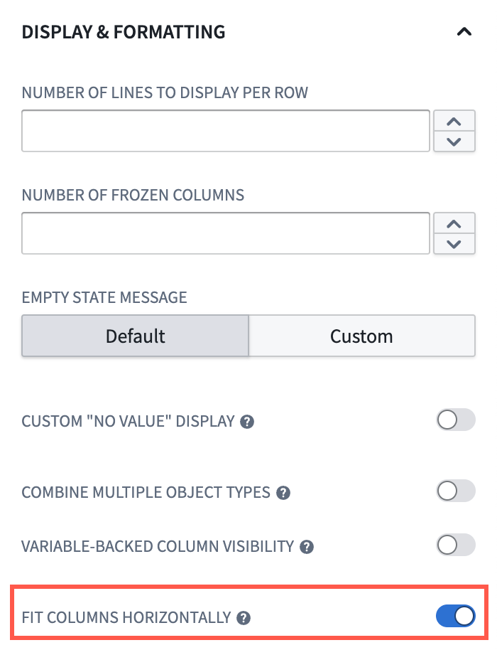 The Fit columns horizontally toggle is shown in the Display & Formatting section of an object table configuration panel.