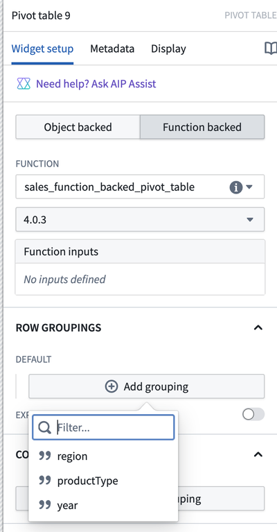 Function-backed grouping configuration options.