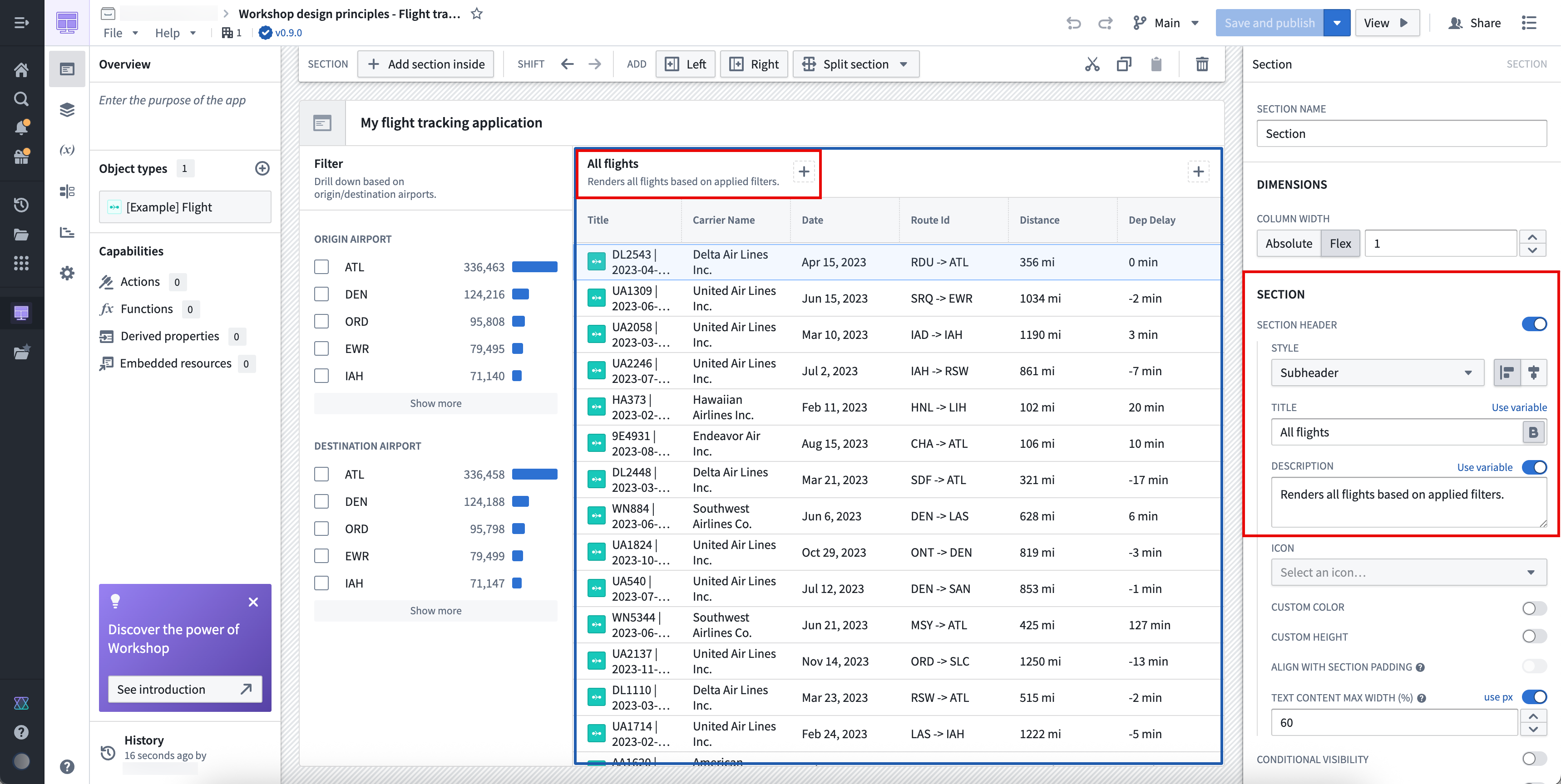 A draft module displays the Section editing panel, where a user can apply a Title and Description.
