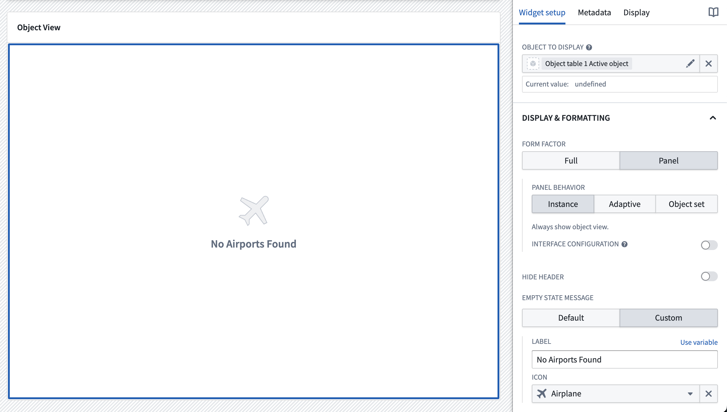 Object View widget custom empty state example