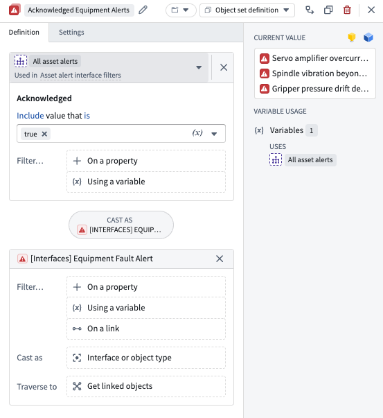 An interface-based object set cast as the Equipment Fault Alert object type.