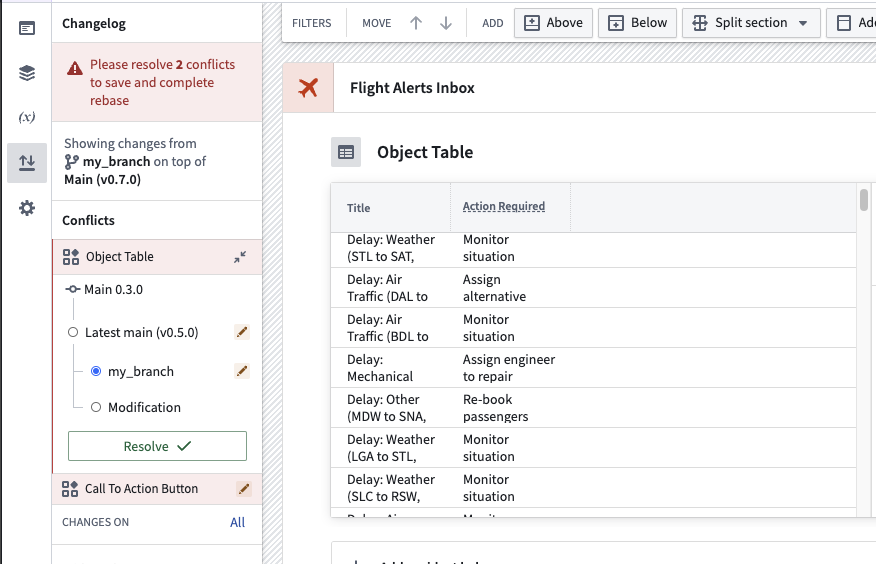 Object table on the working branch with the Action required column.